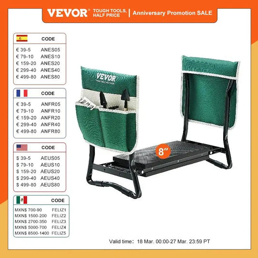 VEVOR Garden Kneeler and Seat 330 lbs Load Capacity 8/10" EVA Wide Pad Foldable Garden Stool  Kneeling Bench for Gardening
