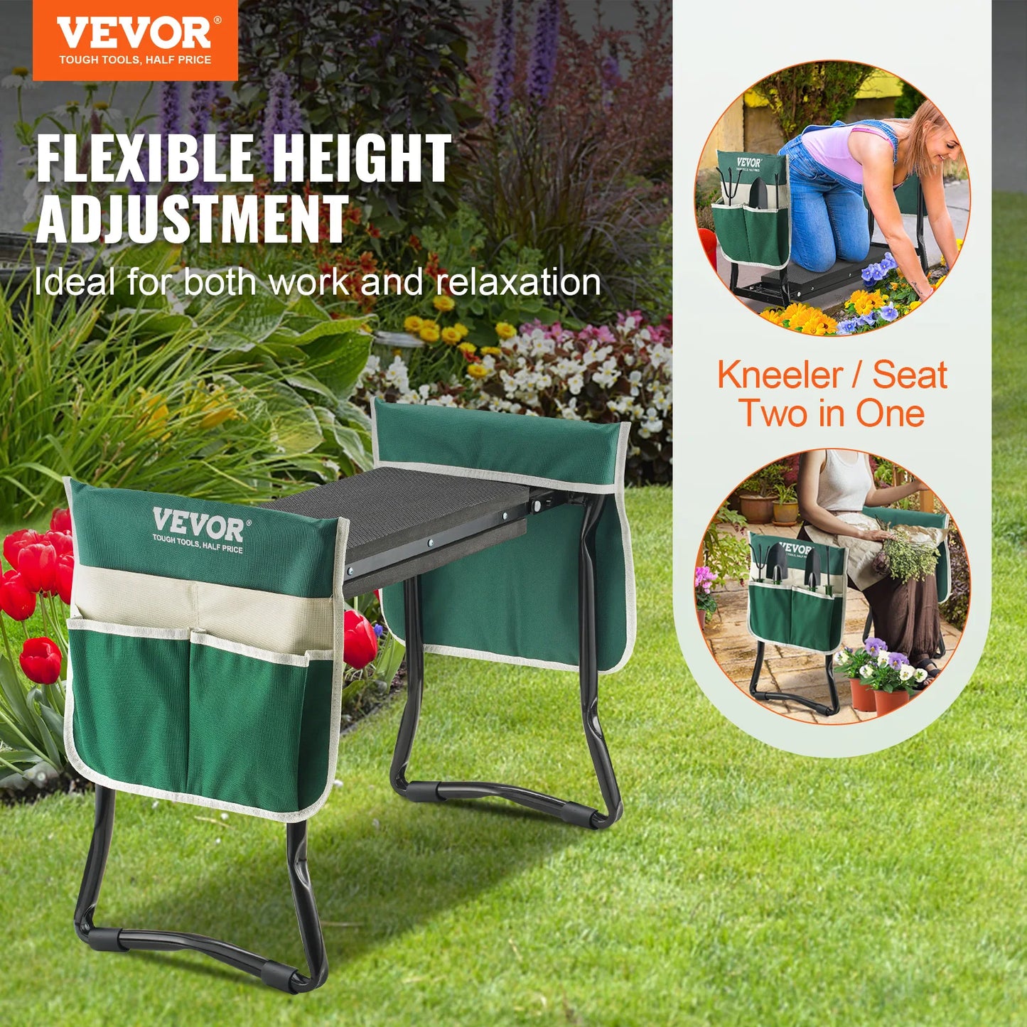 VEVOR Garden Kneeler and Seat 330 lbs Load Capacity 8/10" EVA Wide Pad Foldable Garden Stool  Kneeling Bench for Gardening